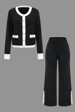 MICAS Knit Sets-Contrast Knit Button Patchwork Top And Pants Set BLACK