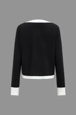 MICAS Knit Sets-Contrast Knit Button Patchwork Top And Pants Set BLACK