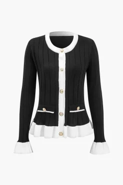 MICAS Knitwear|Knit Sets-Contrast Knit Button Ruffle Top And Pants Set BLACK