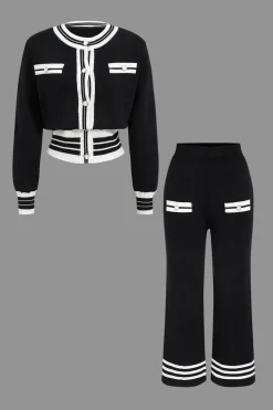 MICAS Knitwear|Knit Sets-Contrast Knit Button Top And Pants Set