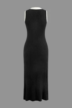 MICAS Knit Dresses-Contrast Knit Button Up Midi Dress Contrast Color