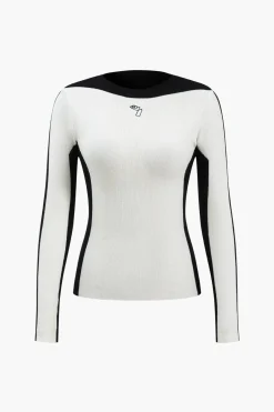 MICAS Knit Tops-Contrast Knit Long-Sleeve Top WHITE
