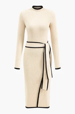 MICAS Long Sleeve Dresses|Knitwear-Contrast Knit Tie-Up Long Sleeve Dress BEIGE