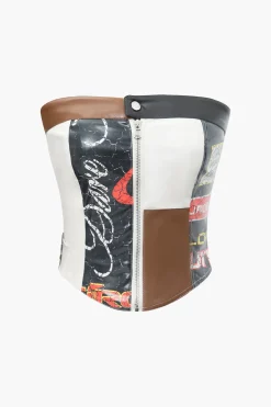 MICAS Tube Tops-Contrast Letter Print Faux Leather Zipper Strapless Top BLACK