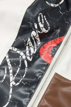 MICAS Tube Tops-Contrast Letter Print Faux Leather Zipper Strapless Top BLACK