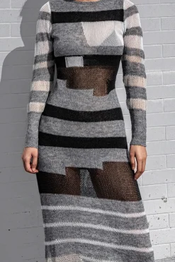 MICAS Knit Dresses-Contrast Long Sleeve Round Neck Open Knit Maxi Dress GRAY