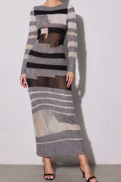 MICAS Knit Dresses-Contrast Long Sleeve Round Neck Open Knit Maxi Dress GRAY