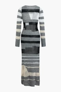 MICAS Knit Dresses-Contrast Long Sleeve Round Neck Open Knit Maxi Dress GRAY