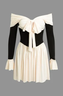 MICAS Long Sleeve Dresses|Mini Dresses-Contrast Off Shoulder Knot Bell Sleeve Pleated Mini Dress BEIGE