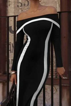 MICAS Long Sleeve Dresses|Maxi Dresses-Contrast Off Shoulder Long Sleeve Maxi Dress Contrast Color