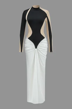MICAS Long Sleeve Dresses|Maxi Dresses-Contrast Patchwork Ruched Long Sleeve Maxi Dress BLACK