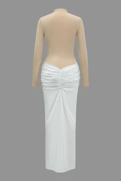 MICAS Long Sleeve Dresses|Maxi Dresses-Contrast Patchwork Ruched Long Sleeve Maxi Dress BLACK