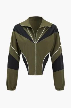 MICAS Skirt Sets-Contrast Patchwork Zipper Long-Sleeve Top And Skirt Set MILITARY