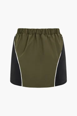 MICAS Skirt Sets-Contrast Patchwork Zipper Long-Sleeve Top And Skirt Set MILITARY