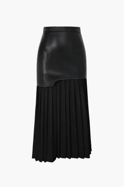 MICAS Skirts-Contrast Pleated Faux Leather Midi Skirt