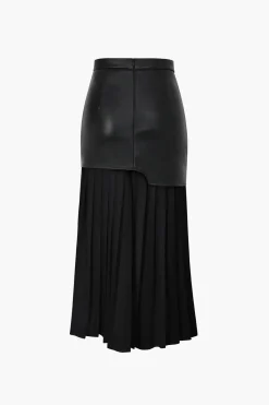 MICAS Skirts-Contrast Pleated Faux Leather Midi Skirt
