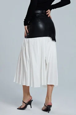 MICAS Skirts-Contrast Pleated Faux Leather Midi Skirt