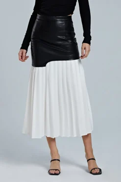 MICAS Skirts-Contrast Pleated Faux Leather Midi Skirt