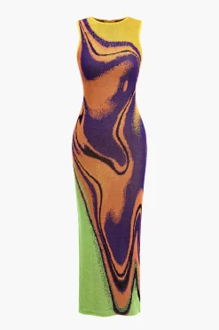 MICAS Knit Dresses-Contrast Print Knit Zipper Back Dress MULTICOLOR