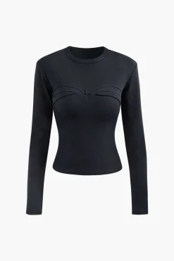 MICAS Long Sleeve Tops|Long Sleeves Tops-Contrast Ruched Long Sleeve Top BLACK