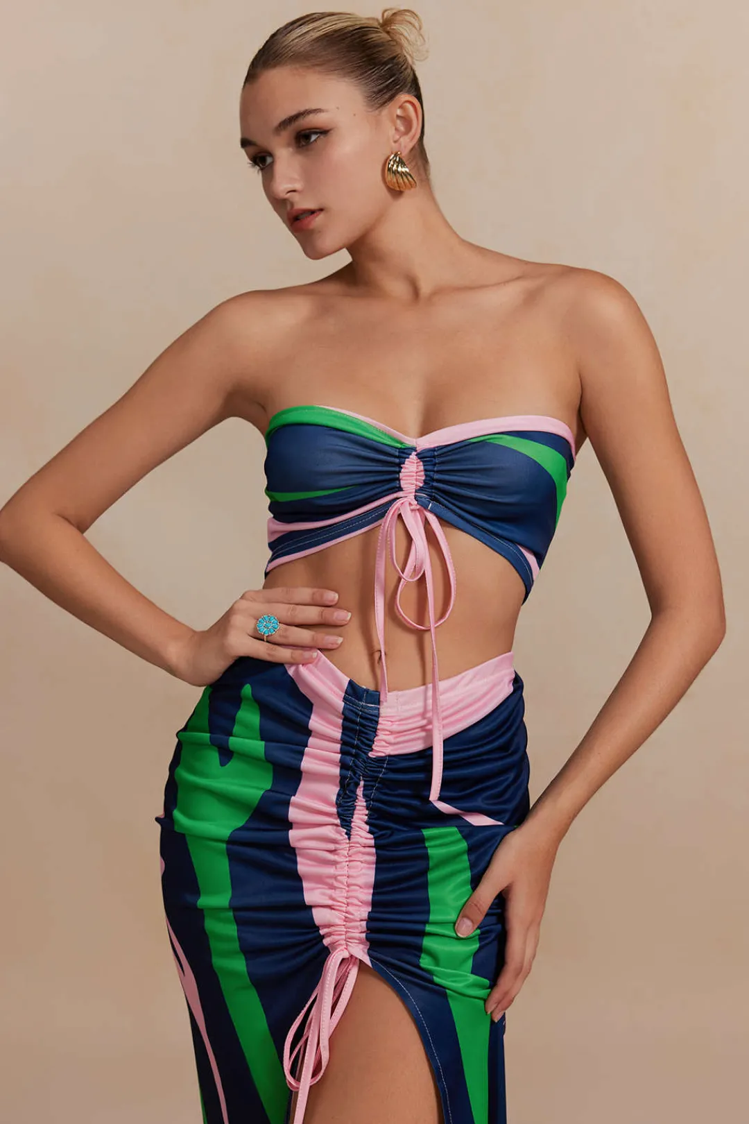 MICAS Skirt Sets|Vacation Sets-Contrast Ruched Slit Skirt Set MULTICOLOR