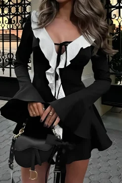 MICAS Long Sleeve Dresses|Mini Dresses-Contrast Ruffle Neck Tie Front Bell Sleeve Mini Dress