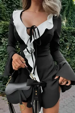 MICAS Long Sleeve Dresses|Mini Dresses-Contrast Ruffle Neck Tie Front Bell Sleeve Mini Dress