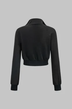 MICAS Pant Sets-Contrast Stand Collar Zipper Jacket And Patchwork Denim Pants BLACK