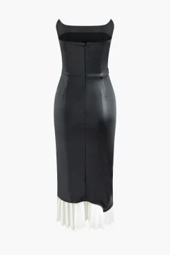 MICAS Midi Dresses-Contrast Strapless Faux Leather Pleated Midi Dress BLACK