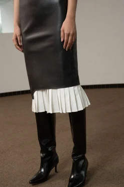 MICAS Midi Dresses-Contrast Strapless Faux Leather Pleated Midi Dress BLACK