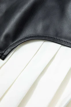 MICAS Midi Dresses-Contrast Strapless Faux Leather Pleated Midi Dress BLACK