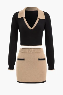 MICAS Knitwear|Knit Sets-Contrast Sweater And Skirt Set KHAKI