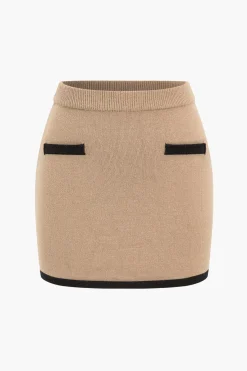 MICAS Knitwear|Knit Sets-Contrast Sweater And Skirt Set KHAKI