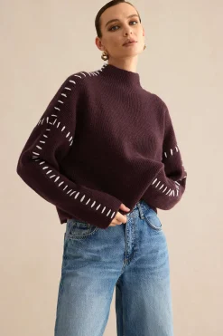 MICAS Knitwear|Knit Tops-Contrast Sweater Long-Sleeve Top BURGUNDY