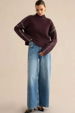 MICAS Knitwear|Knit Tops-Contrast Sweater Long-Sleeve Top BURGUNDY