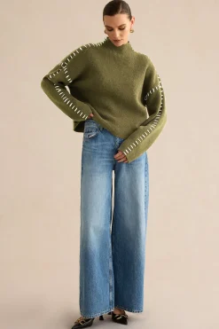 MICAS Knitwear|Knit Tops-Contrast Sweater Long-Sleeve Top BURGUNDY