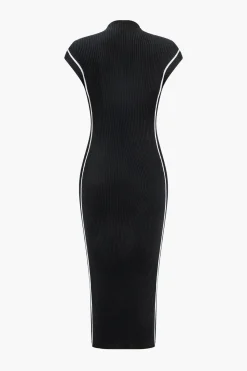 MICAS Knitwear|Knit Dresses-Contrast Sweater Midi Dress BLACK