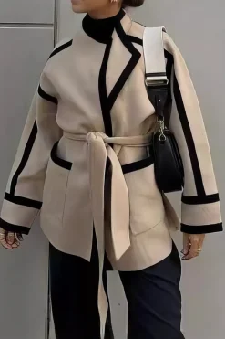 MICAS Outerwear|Outerwear-Contrast Trim Belted Wrap Coat KHAKI