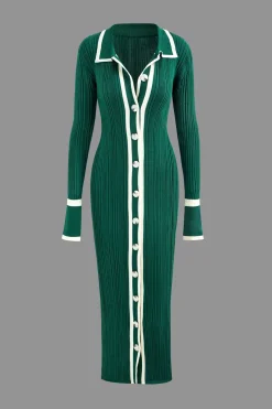 MICAS Knitwear|Knit Dresses-Contrast Trim Button Down Knitted Dress
