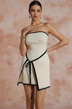 MICAS Knitwear|Knit Dresses-Contrast Trim Knit Tie Front Strapless Mini Dress