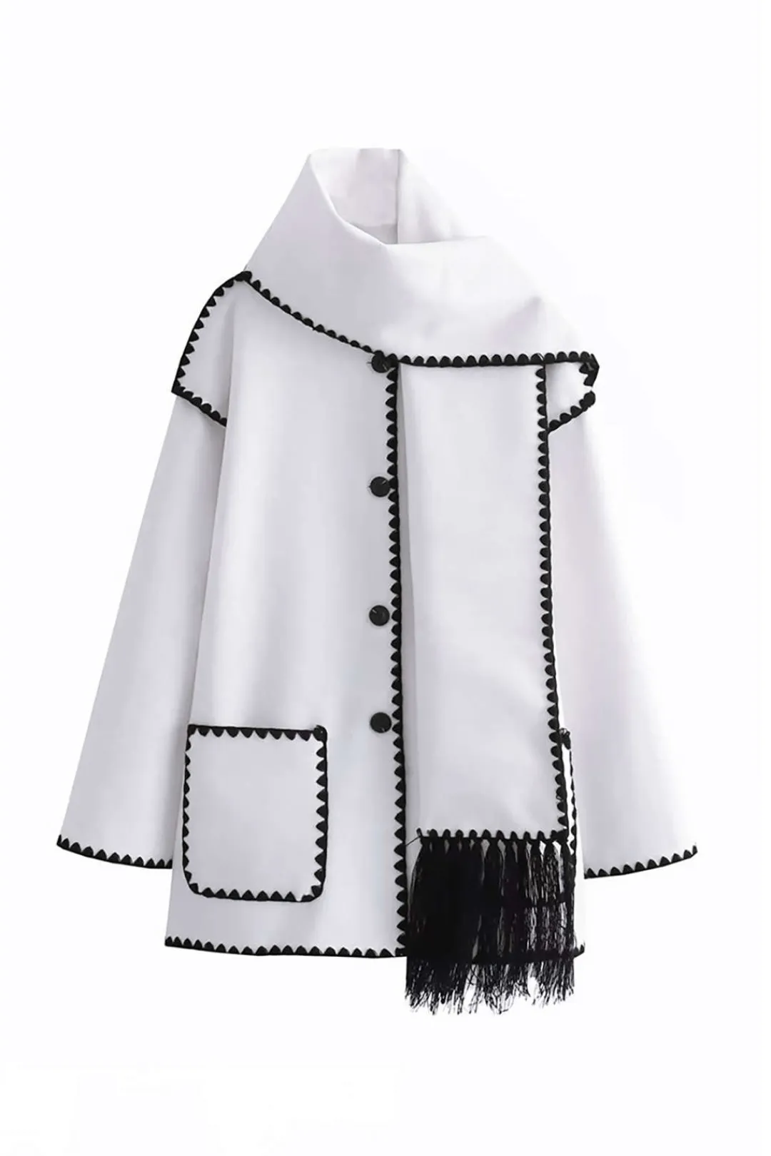 MICAS Outerwear|Outerwear-Contrast Trim Wool-blend Coat With Tassel Scarf