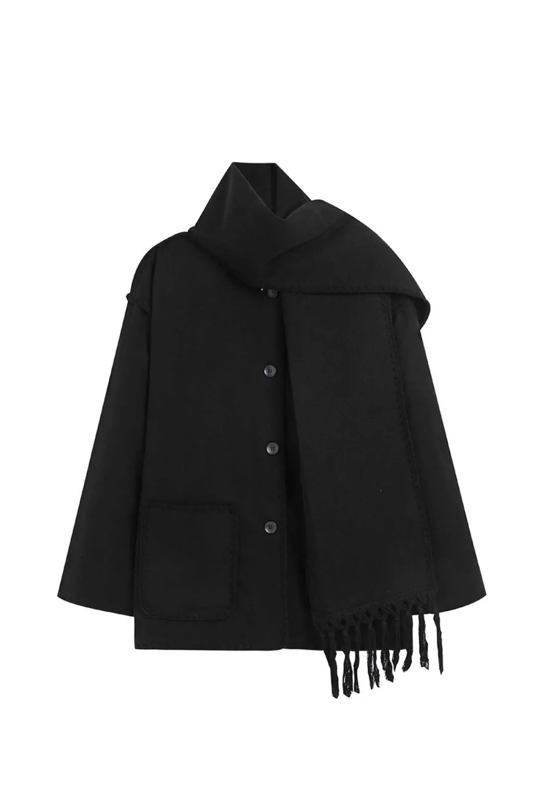 MICAS Outerwear|Outerwear-Contrast Trim Wool-blend Coat With Tassel Scarf