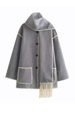 MICAS Outerwear|Outerwear-Contrast Trim Wool-blend Coat With Tassel Scarf