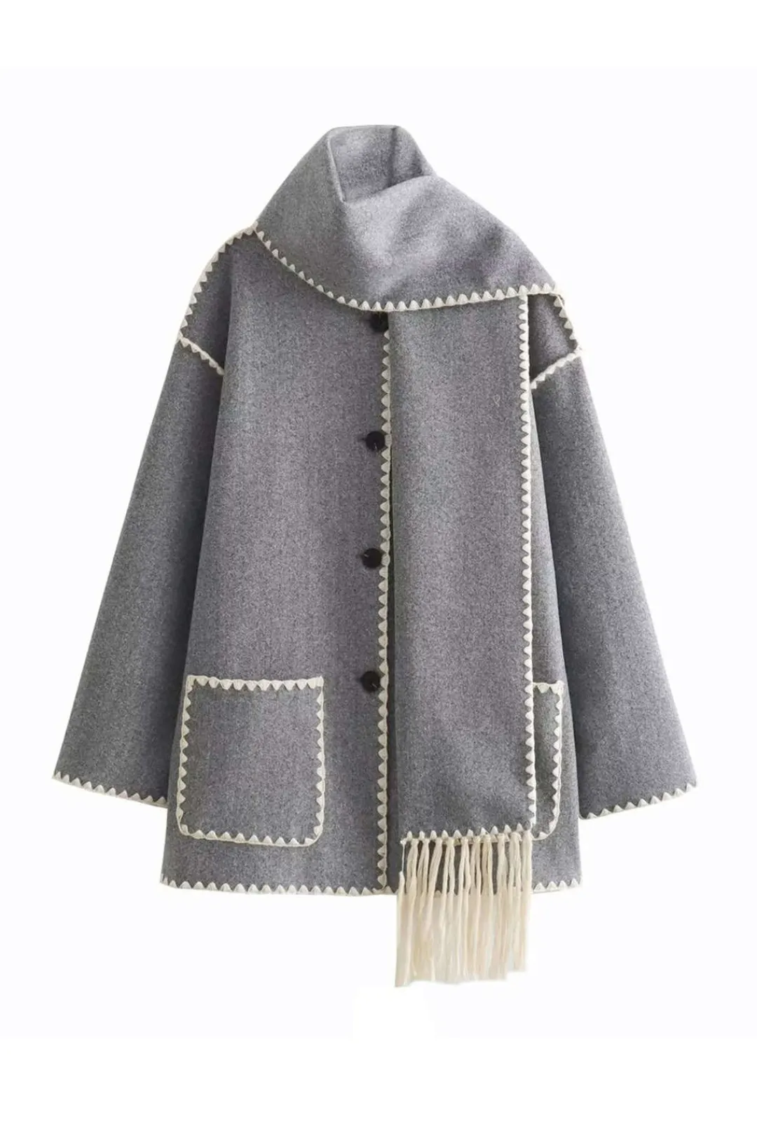MICAS Outerwear|Outerwear-Contrast Trim Wool-blend Coat With Tassel Scarf