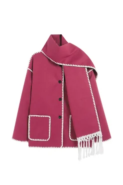 MICAS Outerwear|Outerwear-Contrast Trim Wool-blend Coat With Tassel Scarf