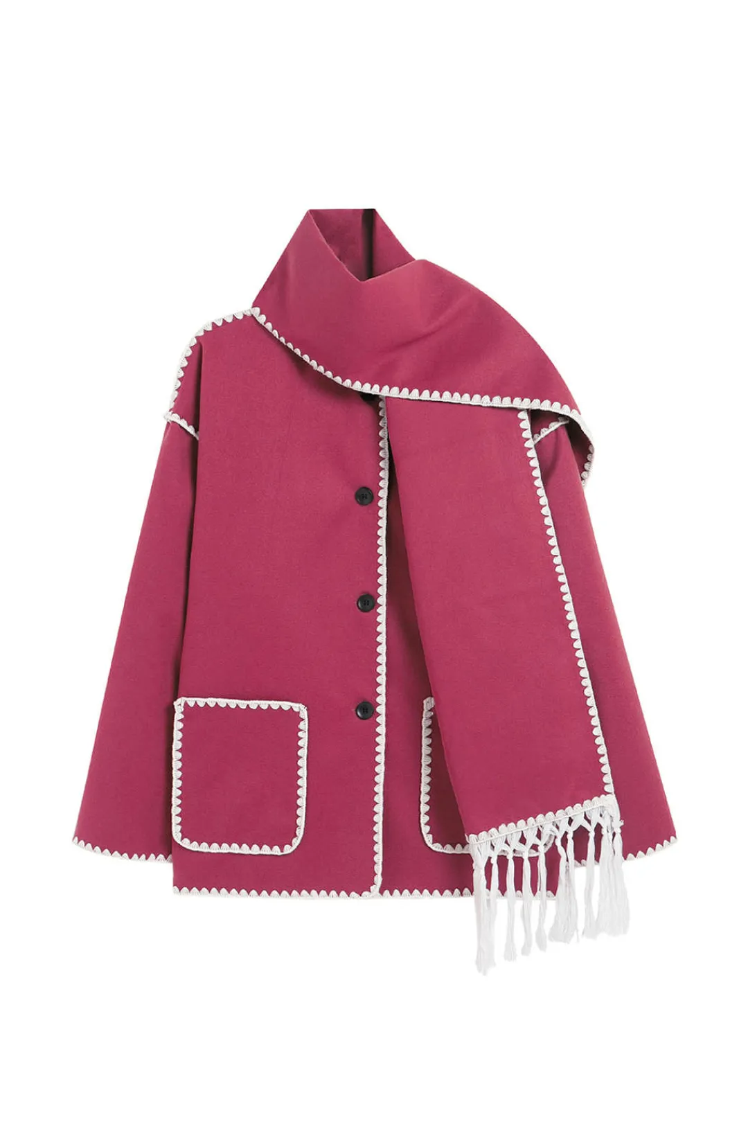 MICAS Outerwear|Outerwear-Contrast Trim Wool-blend Coat With Tassel Scarf