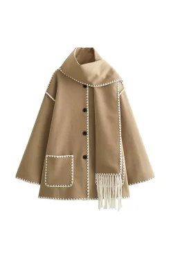 MICAS Outerwear|Outerwear-Contrast Trim Wool-blend Coat With Tassel Scarf