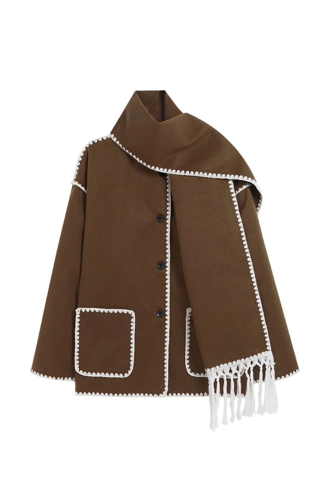 MICAS Outerwear|Outerwear-Contrast Trim Wool-blend Coat With Tassel Scarf