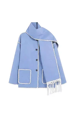 MICAS Outerwear|Outerwear-Contrast Trim Wool-blend Coat With Tassel Scarf