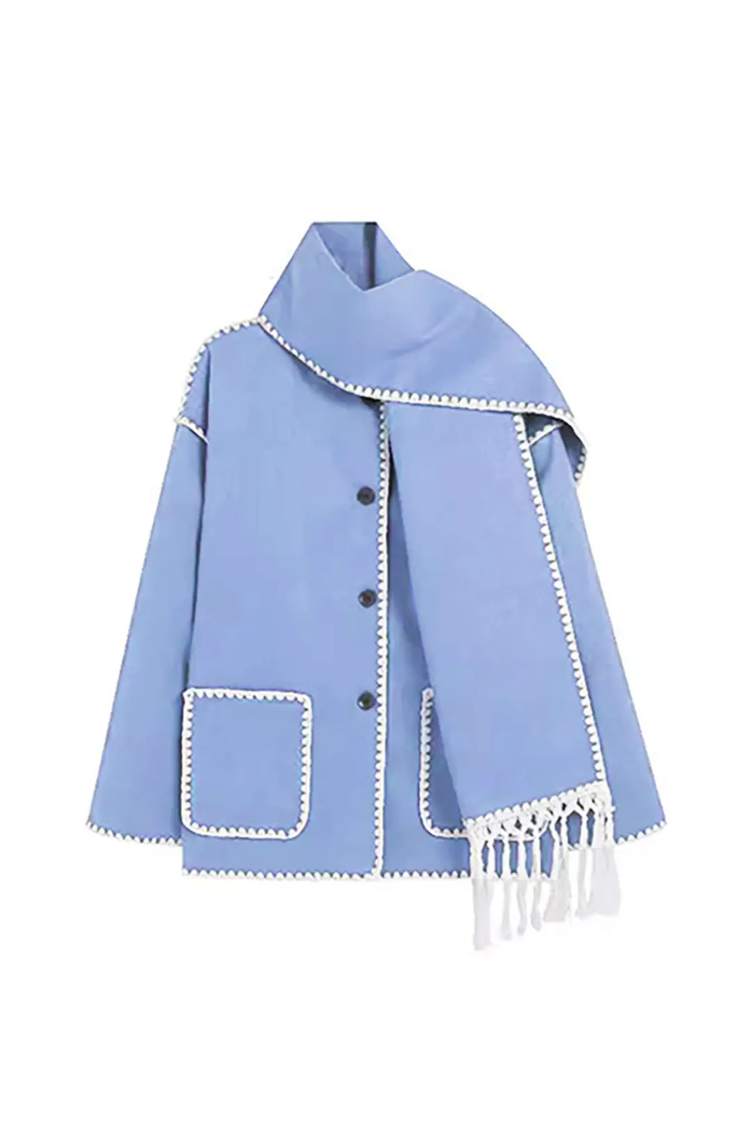 MICAS Outerwear|Outerwear-Contrast Trim Wool-blend Coat With Tassel Scarf